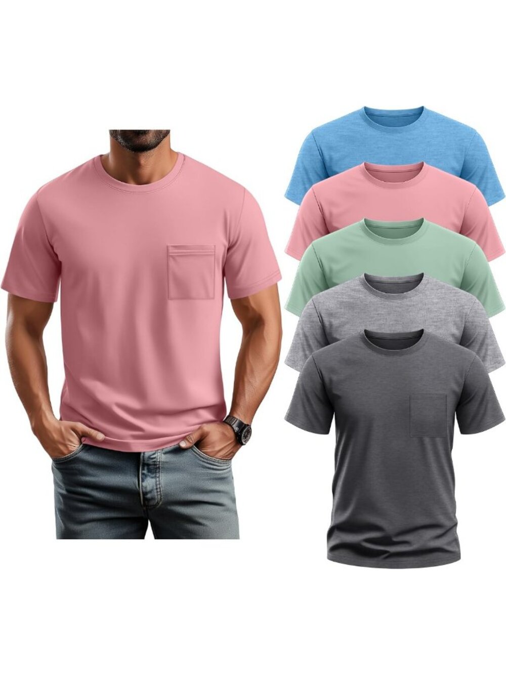 5 Pack Big & Tall Men's Pocket T-Shirts - Comfortable Work Tops for Everyday